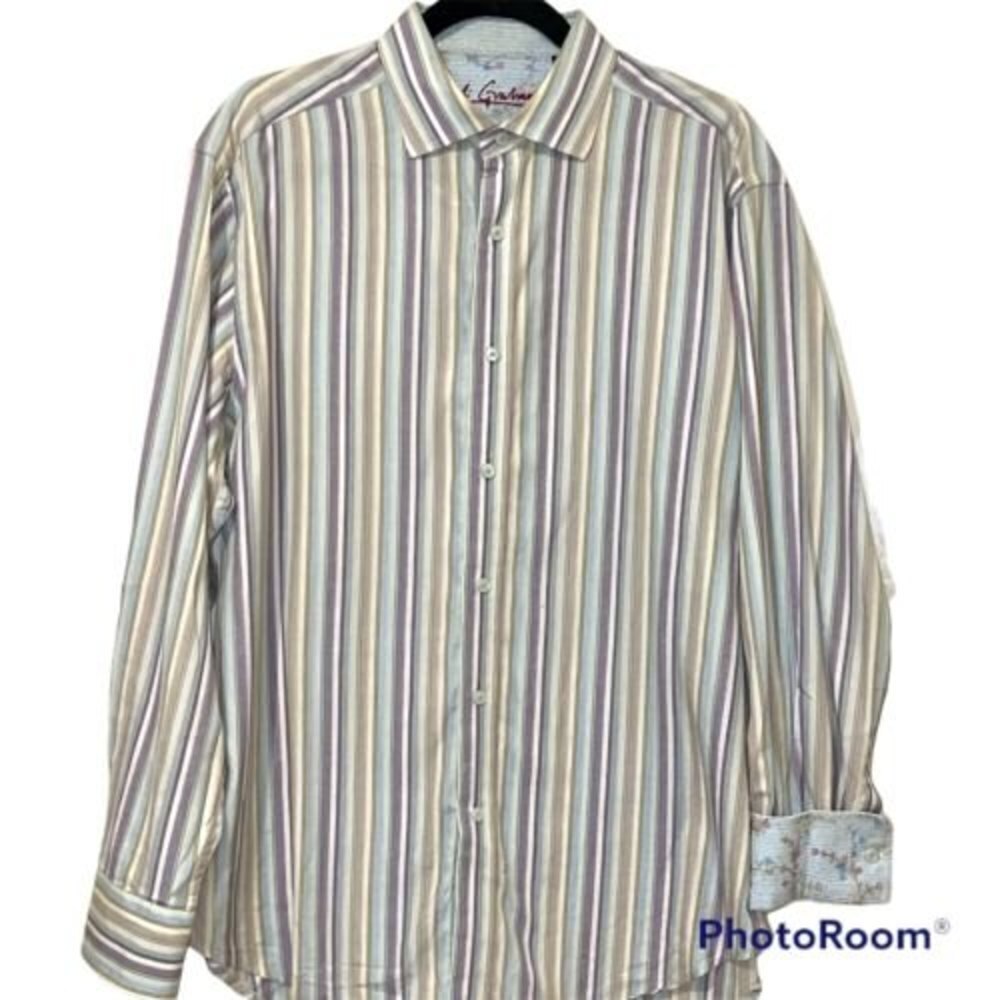 Mens Robert Graham Striped Flip Cuff  Cotton Long Sleeve Button Down Shirt Large